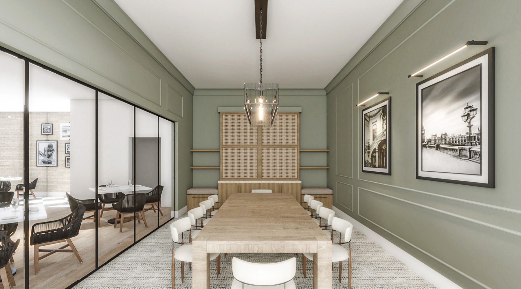 a private dining room with tables and chairs