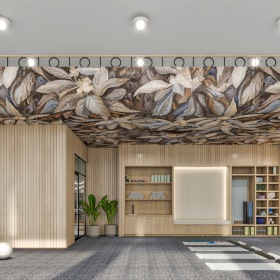 a room with a few people stretching