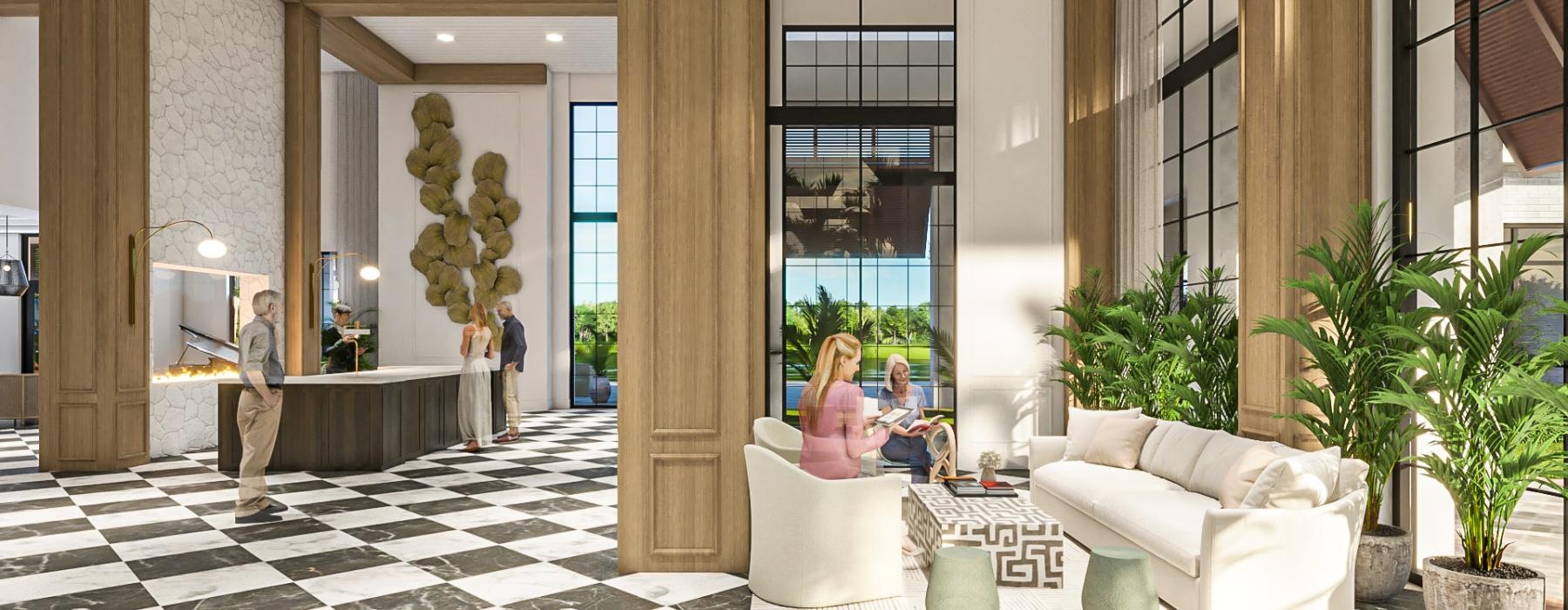 a room with a couple of people and a couch and a table