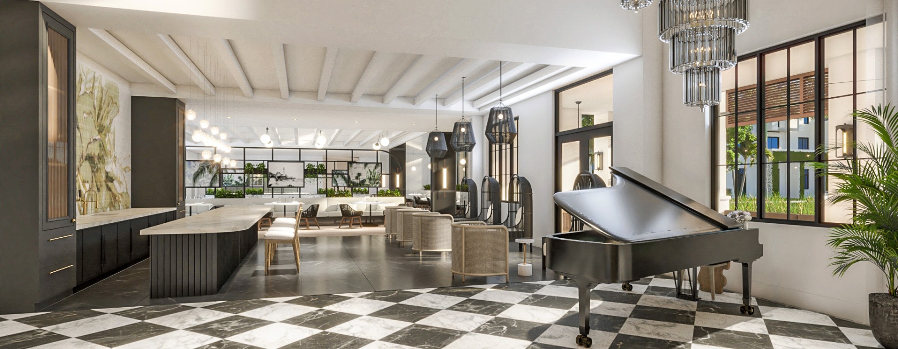 a large room with people and a piano